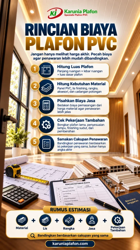 Plafon PVC pada ruang 3 × 4 m dengan meteran, panel, dan lis; ilustrasi pemisahan perhitungan material serta jasa
