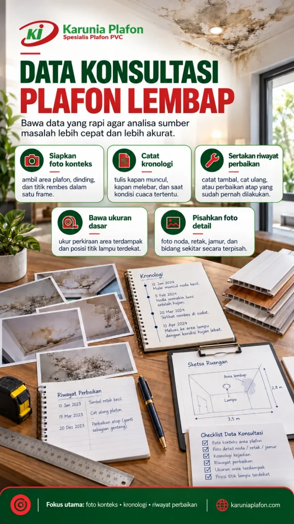 Sudut ruang dengan noda lembap di plafon serta clipboard checklist, meteran dan foto dokumentasi pada satu meja konsultasi, tanpa manusia