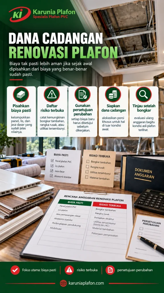 Ruang renovasi plafon kosong dengan satu bagian rangka terbuka serta map anggaran dan catatan dana cadangan di meja, tanpa manusia