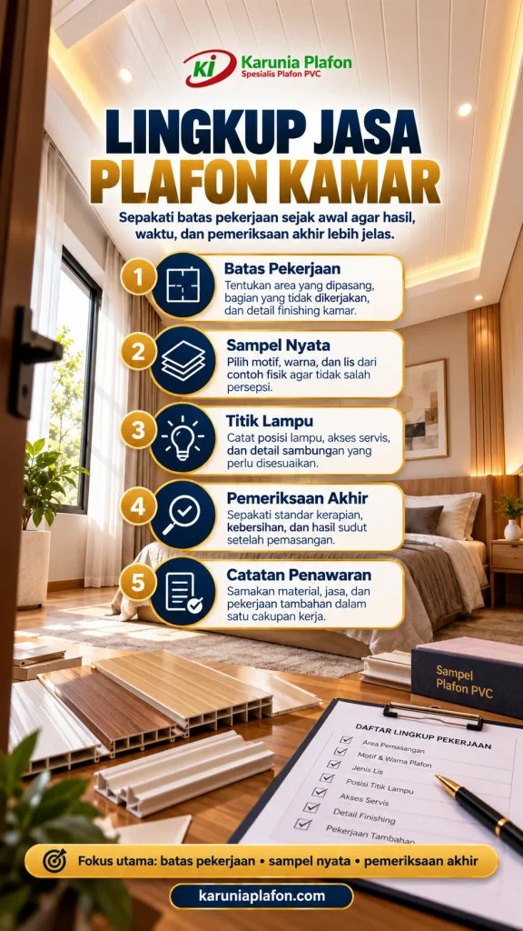 Kamar tidur dengan plafon PVC motif oak muda, lis tepi dan titik lampu; sampel panel dan daftar lingkup kerja di atas meja