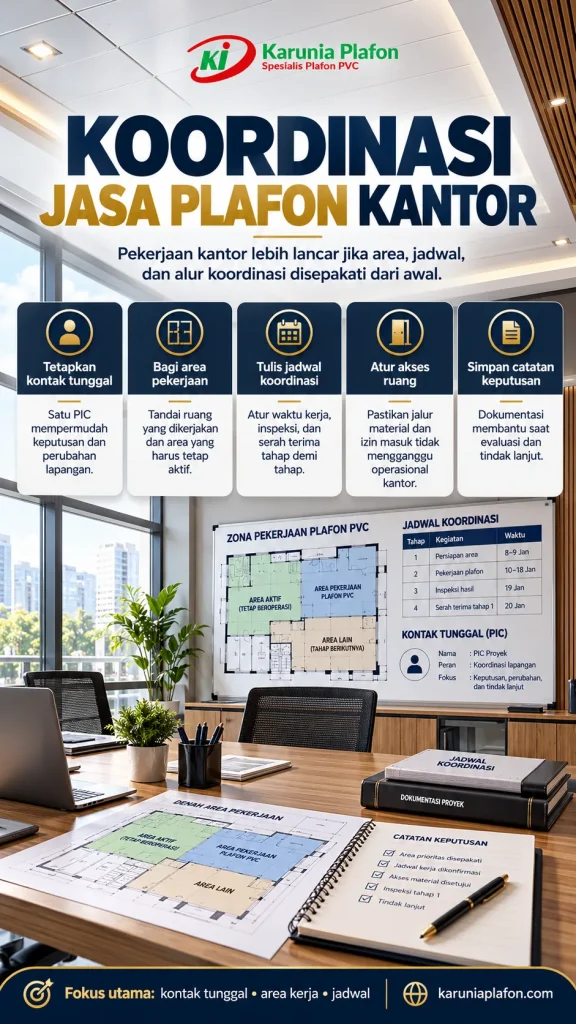 Ruang kantor kosong dengan plafon PVC putih, papan pembagian zona dan sekat pelindung, ilustrasi koordinasi jadwal dan PIC tanpa manusia