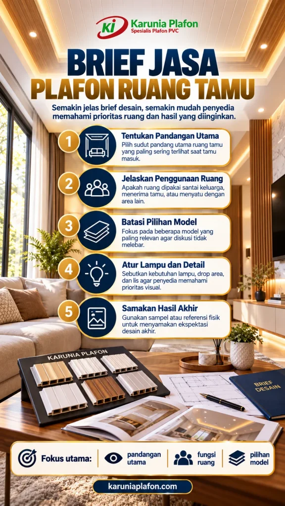 Ruang tamu dengan plafon PVC terang dan aksen kayu dilihat dari pintu masuk, menunjukkan tata letak sofa, area televisi, dan posisi titik lampu untuk brief desain
