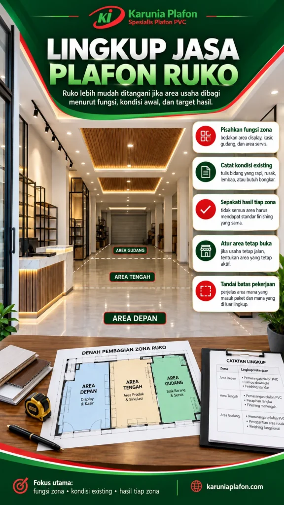 Interior ruko satu ruang memanjang dengan area display, stok, dan servis serta garis plafon PVC yang diperiksa per zona