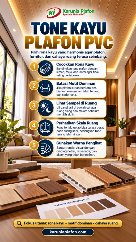 Ruang keluarga dengan plafon PVC motif kayu beige terang dan kabinet walnut gelap, contoh kombinasi tone yang selaras dengan furnitur