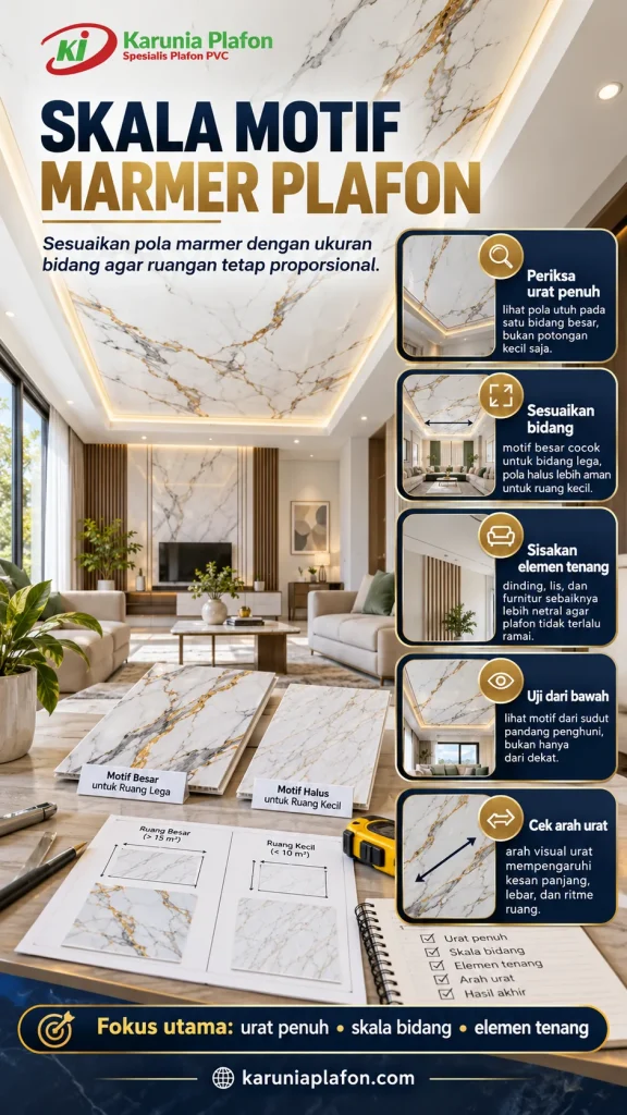 Plafon PVC motif marmer abu-abu pada satu ruang keluarga minimalis, urat diagonal terlihat menyatu dalam satu bidang, tanpa manusia atau kolase