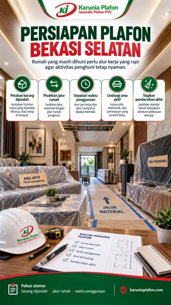 Persiapan pemasangan plafon PVC untuk rumah yang masih dihuni: zona kerja dibatasi, furnitur dilindungi, dan jalur penghuni tetap kosong