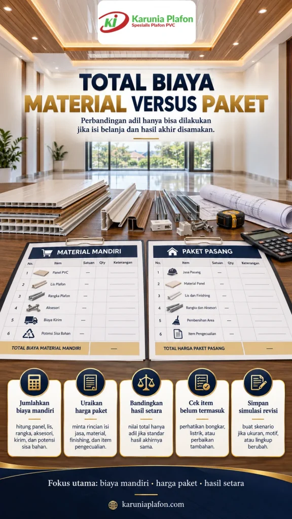 Satu ruang plafon PVC kosong dengan papan daftar komponen pekerjaan dan material di dinding untuk mengecek penawaran material sendiri dan paket pasang