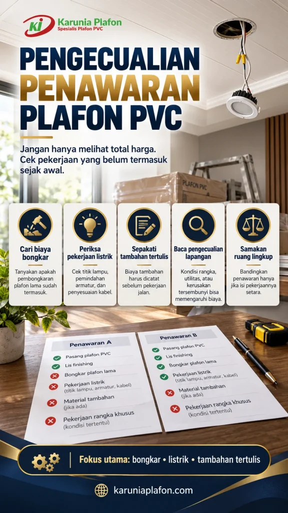Sudut satu ruangan renovasi plafon PVC dengan detail tepi yang sedang disiapkan, ilustrasi pengecekan pekerjaan bongkar, lampu, dan tambahan biaya tanpa manusia atau kolase