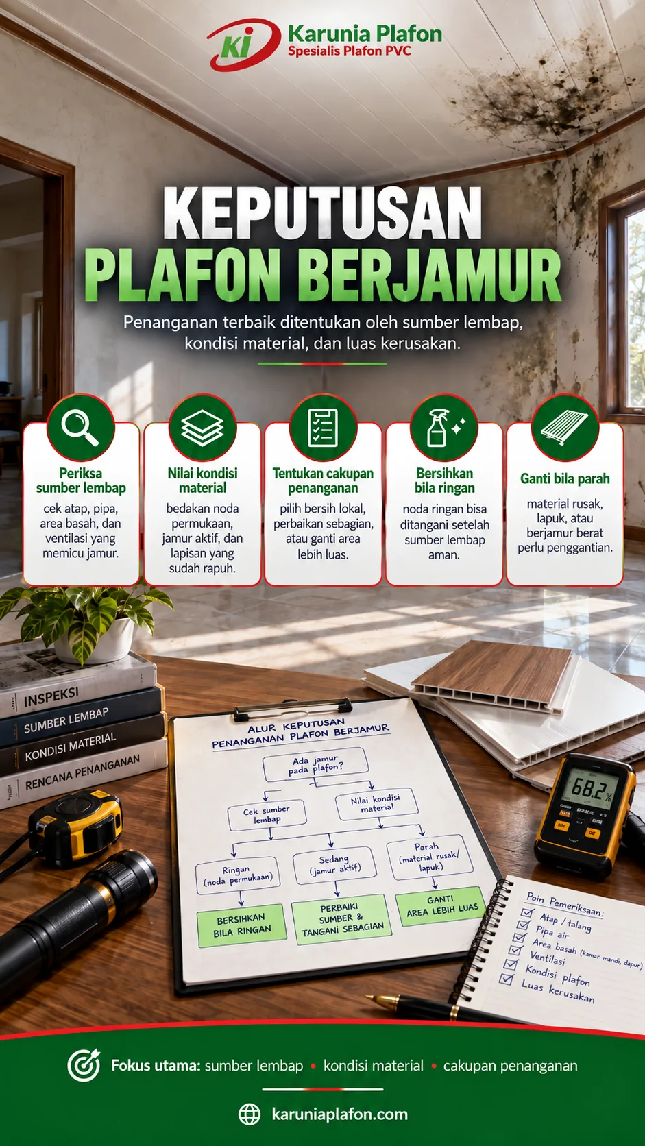 Sudut plafon berbercak jamur dalam ruang kosong, menunjukkan pentingnya memeriksa sumber air, jenis material, dan pilihan tindakan