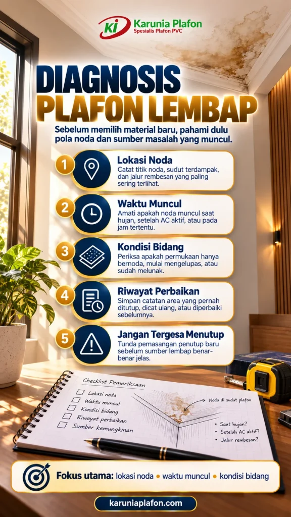Sudut plafon putih dengan satu noda air kekuningan, contoh visual menelusuri pola noda tanpa memastikan sumber kebocoran