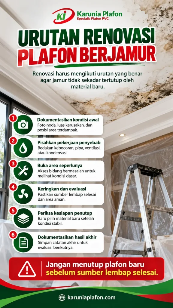 Ruang kosong dengan bagian plafon terbuka, rangka hollow terlihat siap diperiksa sebelum finishing PVC; tanpa manusia