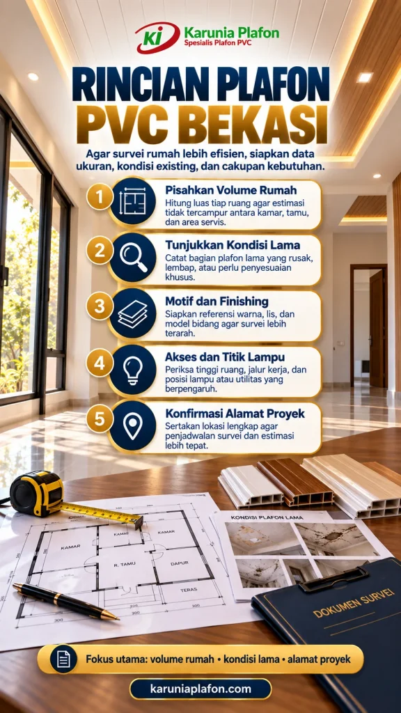 Interior kosong dengan plafon PVC putih, denah dua ruangan, meteran dan contoh lis untuk mempersiapkan rincian survei rumah di Bekasi