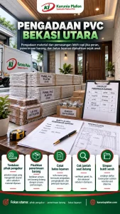 Bundel panel PVC pada area penerimaan material di rumah, disertai daftar cek barang dan meteran untuk merencanakan pengadaan dan pemasangan di Bekasi Utara