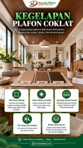 Ruang keluarga dengan plafon PVC coklat sedang bermotif halus, dinding krem terang, sofa beige dan pencahayaan lembut untuk memilih tingkat kegelapan warna plafon