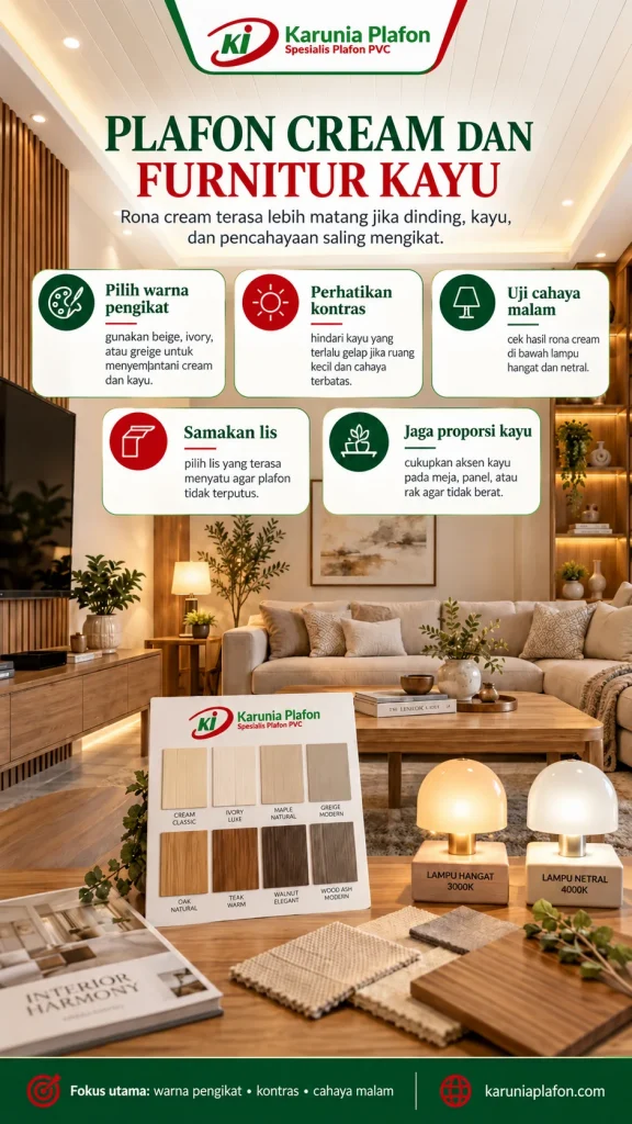 Ruang keluarga dengan plafon PVC cream, dinding greige hangat, furnitur walnut, dan lis senada untuk paduan warna netral