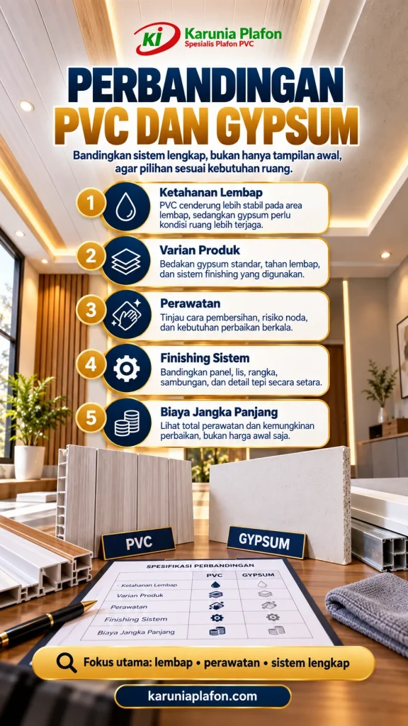 Interior contoh plafon PVC berpola kayu dengan sampel papan PVC dan gypsum di satu meja; membandingkan lembap, finishing, dan biaya.