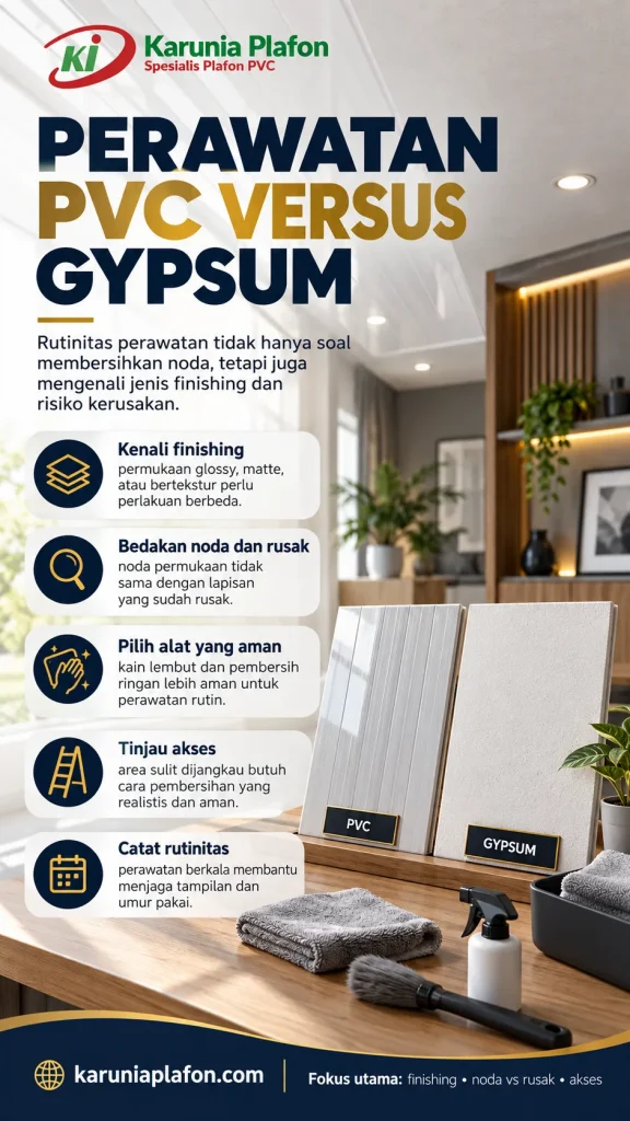 Dua sampel nyata panel plafon PVC putih dan gypsum bercat matte di satu meja dengan kain mikrofiber, ilustrasi perbandingan perawatan tanpa manusia