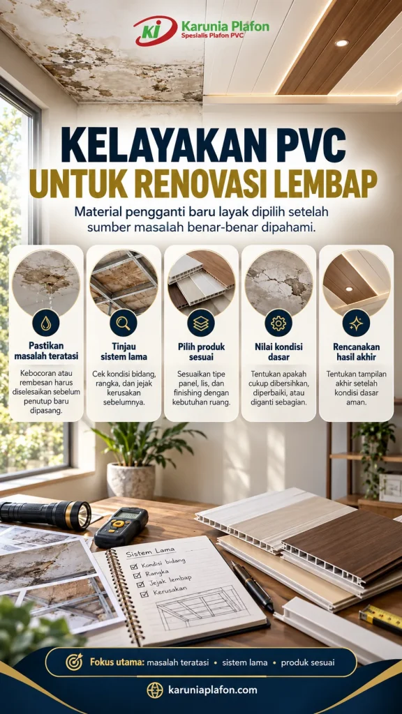 Ruangan kering dengan bukaan pemeriksaan rangka dan sampel panel PVC sebagai panduan menentukan kelayakan penggantian plafon lembap, tanpa manusia dan tanpa kolase